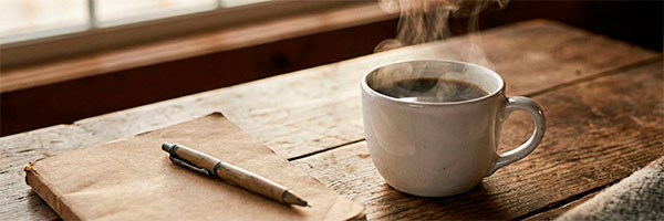 湯気が立つコーヒーカップとノート