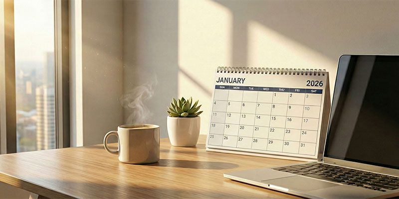 2026年のカレンダーとノートパソコン